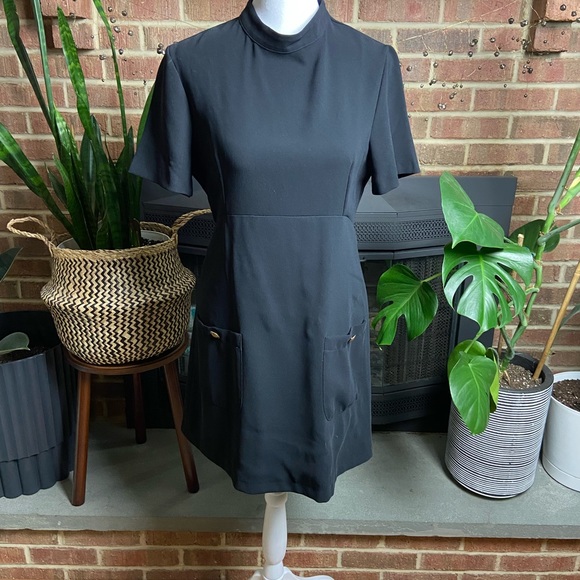 ZARA Black High Neck Short Sleeve Front Pockey Keyhole Dress, Size S - Picture 1 of 16